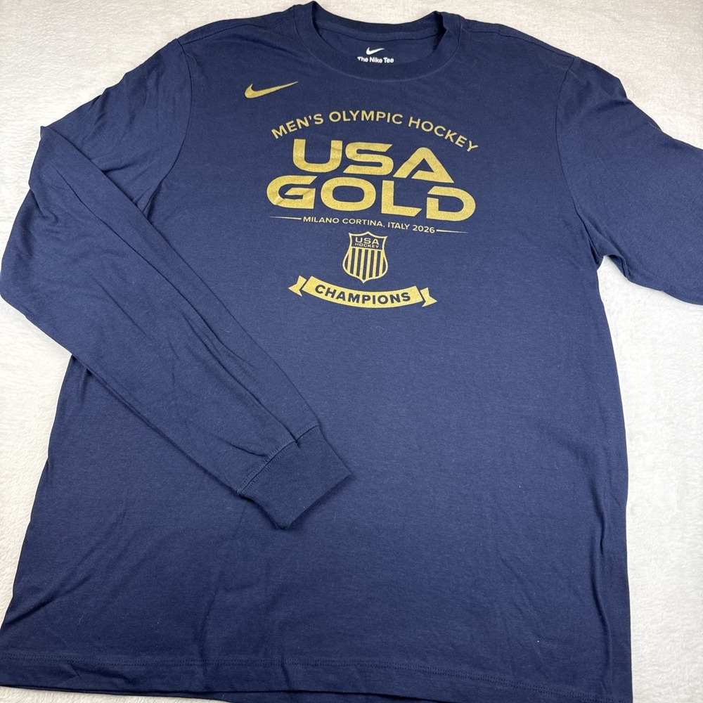 Nike USA Gold Mens Olympic Hockey Champions Navy T-Shirt Mens Medium NEVER WORN